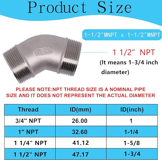 1PCS 304 Stainless Steel 45 Degree Elbow, 1-1/2" NPT Male Pipe to 1-1/2" NPT Male Coupler, Heavy Duty Forged Street Elbow Adapter Pipe Fittings, Class 150