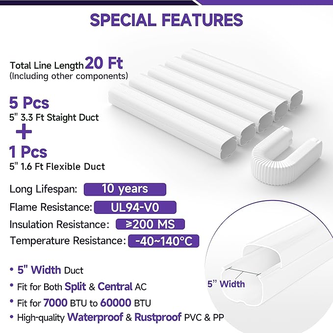 5'' 20 Ft Mini Split Line Cover Set, PVC & PP Line Set Cover for Mini Split AC, Line Hide for Central AC, White