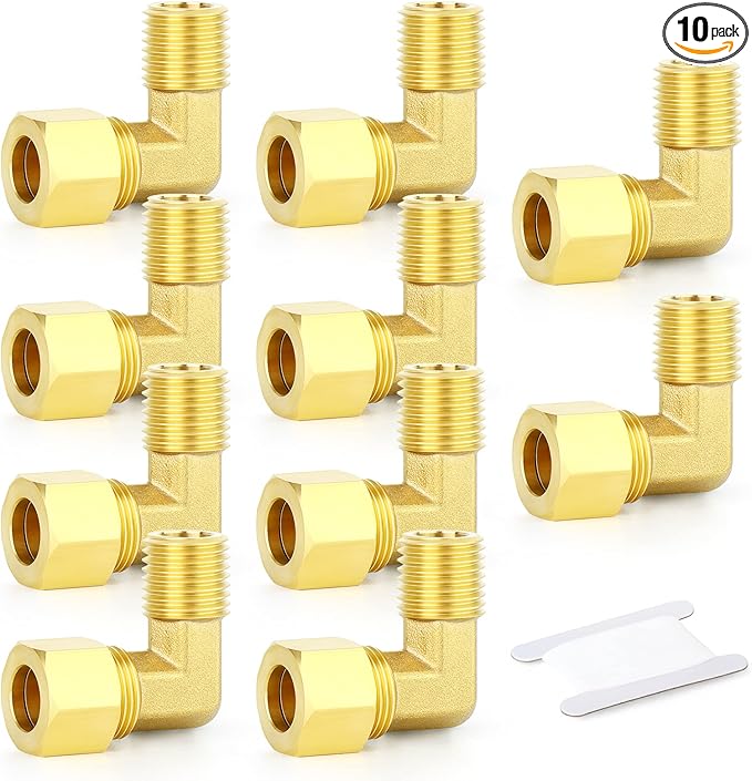 GASHER 10PCS Brass 90 Degree Elbow Compression Tube Pipe Fitting Connector, 3/8" Tube OD x 1/4" NPT Male Connector
