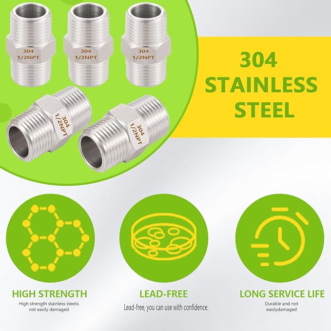 4PCS Hex Nipple 1/2" Male x 1/2" Male Pipe Fittings, 304 Stainless Steel 1/2 inch NPT Male Threaded Pipe Adapter Fittings, Male Straight Connector Pipe Fitting