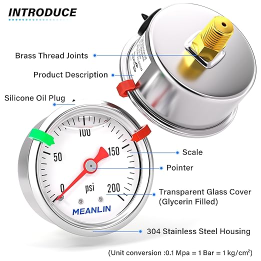 MEANLIN MEASURE 0~200Psi Pressure Gauge, Glycerin Filled 1/8" NPT 1.5" FACE DIAL, Stainless Steel Liquid Filled Pressure Gauge WOG Water Oil Air Back Mount (with 2PCS Snaps)