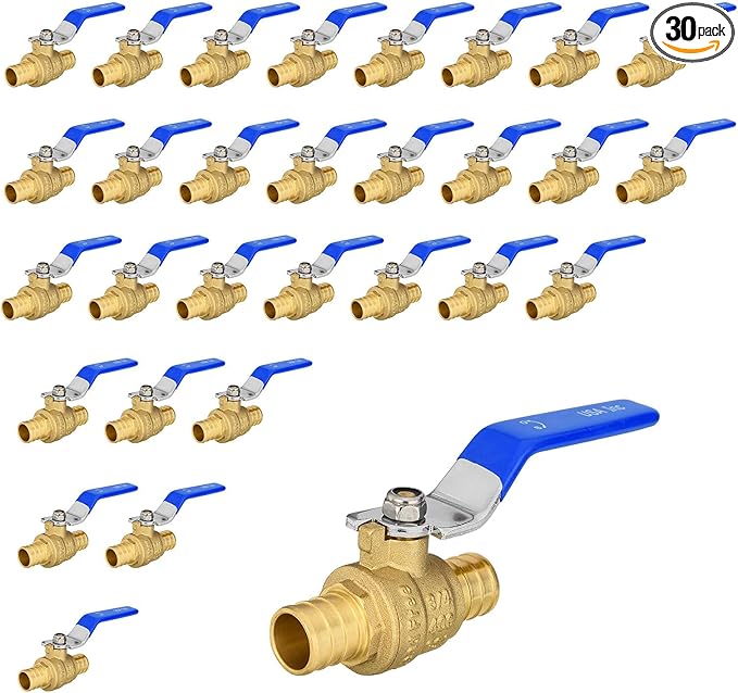 30 Pack Ball Valves, 3/4" Pex Crimp Shut Off Valve Blue, Brass Full Port Pex B Shut Off Ball Valve for Hot and Cold Water, NSF/ANSI 61 Certified