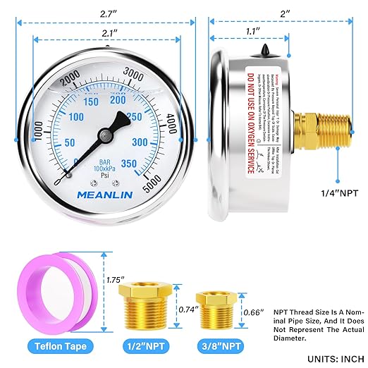 MEANLIN MEASURE 0~5000Psi Stainless Steel 1/4" NPT 2.5" FACE DIAL Liquid Filled Pressure Gauge WOG Water Oil Air Center Back Mount, with 1/2" NPT and 3/8" NPT Hex Bushing
