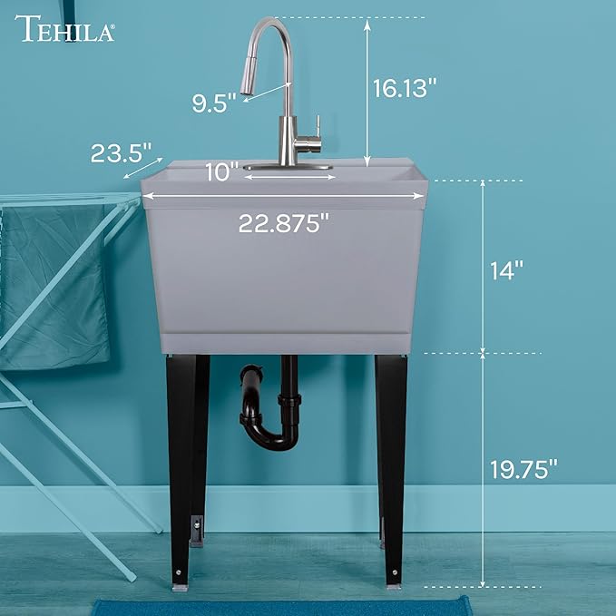 Laundry Sink Utility Tub With High Arc Stainless Steel Pull Down Faucet By JS Jackson Supplies, Heavy Duty Sinks With Installation Kit for Washing Room, Workshop, Basement, Garage, Slop Sink, Grey Tub