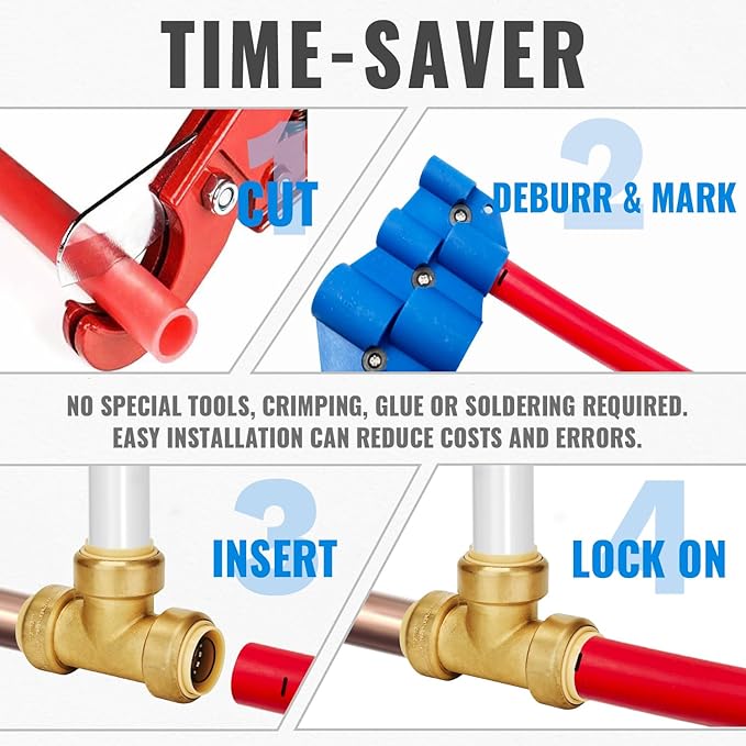 SUNGATOR 1-Inch Push Fit PEX Tee, No Lead Brass Plumbing Pipe Connector T Fittings with Disconnect Clip, Push-to-Connect, Copper, CPVC (2-Pack)