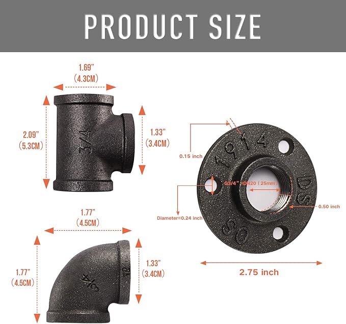 3/4" Floor Flange/Elbow/Tee Combo, 40 Pack Pipe Fitting for Industrial vintage style, DIY Project/Furniture/Shelving Decoration (40, 3/4 Inch)