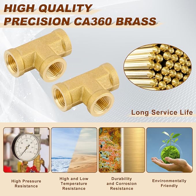 5pcs 1/8" Brass Tee Fittings 1/8" NPT Female Pipe to 1/8" NPT Female Pipe to 1/8 Inch NPT Female Brass Barstock Street Tee Pipe Fittings 3 Way Forged Brass Fittings