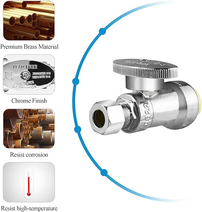 WiseWater Push Connect Straight Stop Valve 1/2" x 1/4", 1/4 Turn with Disconnect Clip, Chrome Plated Brass Shut Off Valve for PEX Copper CPVC Pipes (5-Pack)