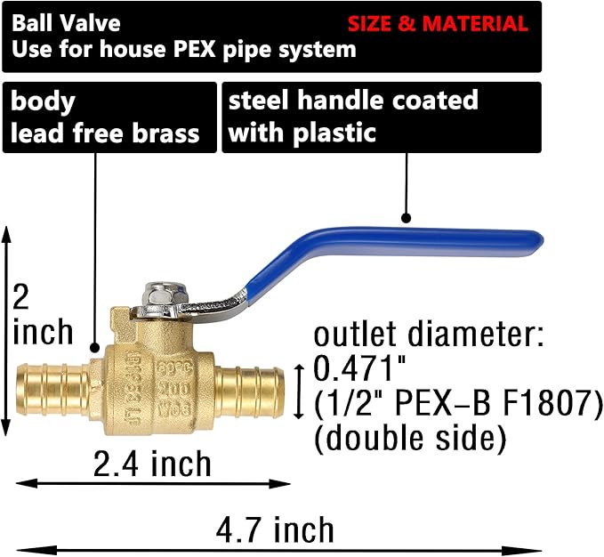 (10 Pack) Lidertik 1/2 inch PEX-B Crimp Ball Valve Shut Off Valve 1/4 Turn Valve LI-QF1-1807-0.5(10 PCS)