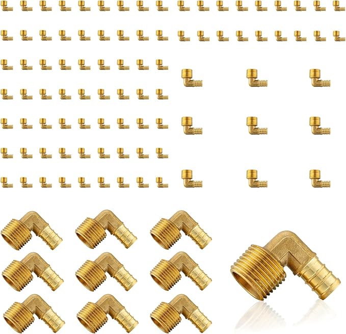 (100-Pack) PEX Fittings, Pex 1/2" x 1/2" Male Threaded NPT Elbow Adapter, Brass Crimp Fittings, for PEX Tubing Pipe Plumbing, ASTM F1807(PEX1807096-100Pack)