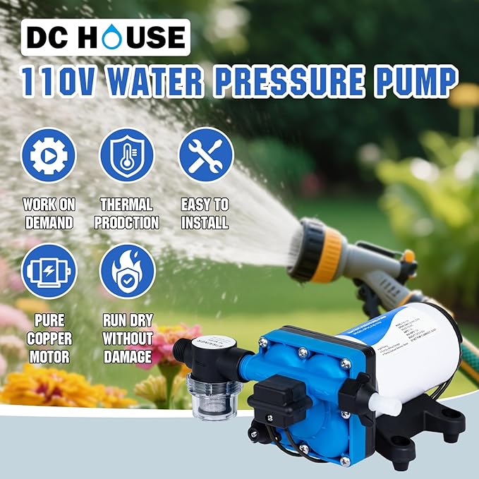 DC HOUSE 110V RV Camper Water Diaphragm Pump with Power Plug, 42-Series 5.5GPM 70PSI High Pressure, On Demand Self Priming Booster Pump for Kitchen, Bathroom, Garden Hose, Rain Barrel & Marine Use