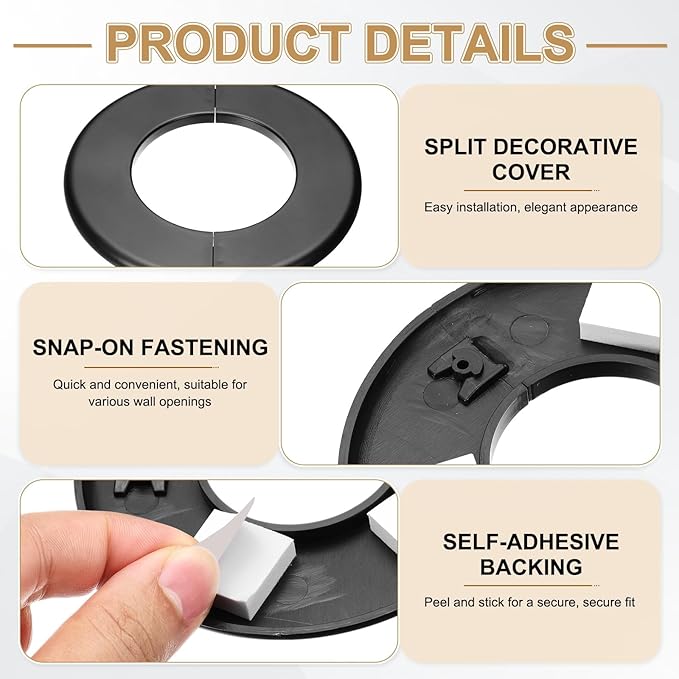 PATIKIL Wall Split Flange 140mm / 5.5" OD, 4 Pcs Round Escutcheon Plate Cover PPR Plumbing Cover Plates with Self-Adhesive Tape for 78mm / 3.1" Dia Water Pipe Faucet, Black