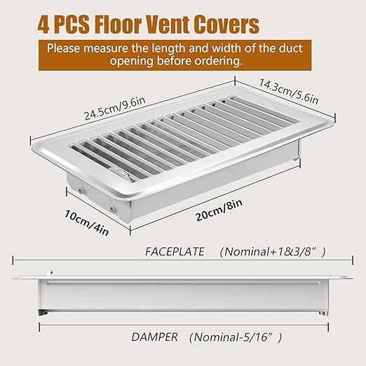 4Pcs Floor Vents Floor Registers 4x8 Inch, Heavy Duty Metal Hot Air Vent Covers 4x8 Inch with Rust-Proof Finish for Home Heater Floor Vent Grilles and Vents (4, White, 4x8 Inches)