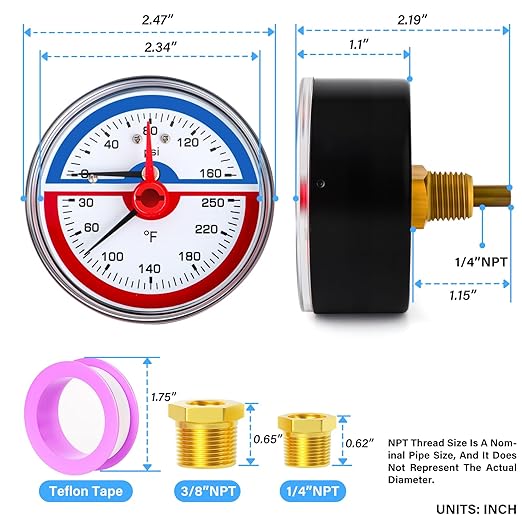 MEANLIN MEASURE 0-160Psi Thermal Pressure Gauge,0-250℉ 1/4" NPT 2.5" FACE DIAL, Boiler Temperature Pressure Gauge with Reset Pointer, with 1/2" NPT and 3/8" NPT Hex Bushing, Back Mount