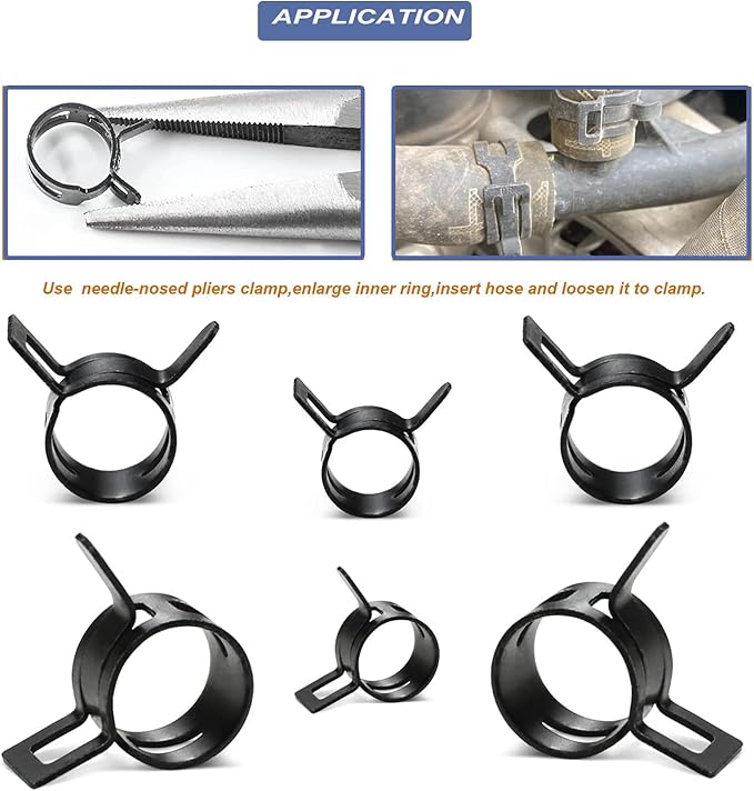 AKIHISA 100 Pcs 20-27mm Spring Hose Clamp, Spring steel 65Mn Fuel Hose Clamp, 8 sizes for Silicone Vacuum Fuel Oil Hose Line Clamps