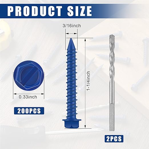 200 Qty 3/16" x 1-1/4" Hex Head Concrete Screws Anchor with Drill Bits Blue Slotted Hex Screws for Anchor Masonry, Block, Brick, Cement, Stucco, Diamond Point and Wood Fastening