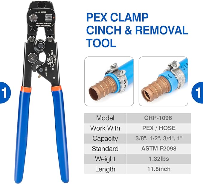 iCrimp PEX Clamp Tool Kit for 3/8-in, 1/2-in, 3/4-in, 1-in PEX Clamp Cinch & Removal, c/w 1/2''(20 Pack) and 3/4''(10 Pack) PEX Clamp Rings, PEX Tubing Cutter