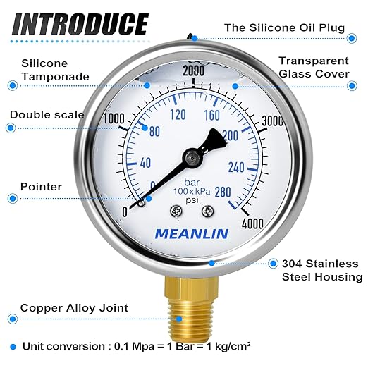 MEANLIN MEASURE 0~4000Psi Stainless Steel 1/4" NPT 2.5" FACE DIAL Liquid Filled Pressure Gauge WOG Water Oil Air Lower Mount, with 1/4" x 1/2" NPT and 1/4" x 3/8" NPT Hex Bushing