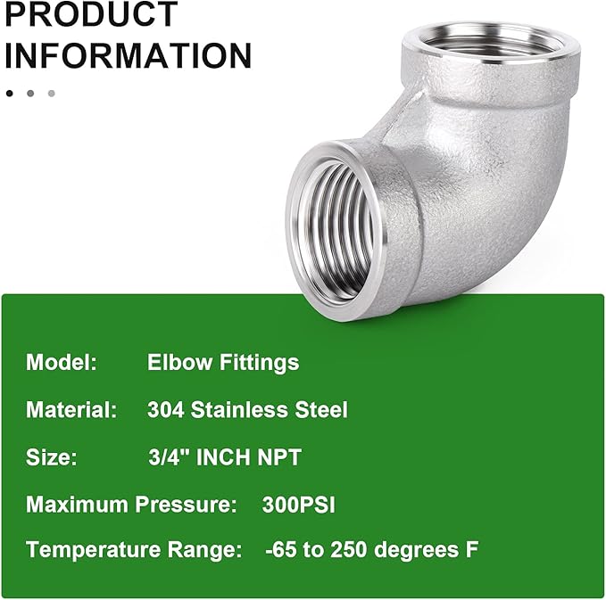 TAISHER 5PCS 304 Stainless Steel 90 Degree Elbow Fittings, 3/4 Inch NPT Female Pipe to 3/4 Inch NPT Female 304 Stainless Pipe Fitting