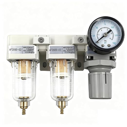 XingNEeng 1/4" NPT Compressed Air Filter Regulator Lubricator (FRL) Unit, Double Water/Oil Trap Separator, Gauge(0-150 psi), Manual Drain Air Compressor Water Separator, Poly Bowl, Metal Bracket
