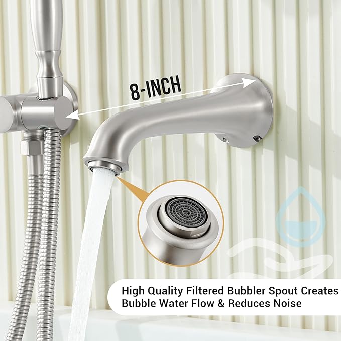 DASAN Antique Wall Mount Tub Filler Faucet with Hand Held Shower, Brushed Nickel Bathtub Faucet with Sprayer Wall Mounted Roman Bath Tub Faucet Set with High Flow Rough in Valve, AT201TF-BN