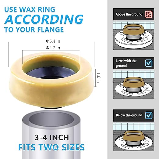Extra Thick Toilet Wax Ring Replacement Kit– Bowl Seal Ring Includes Brass Bolts, Nuts, Washers and Caps, Compatible with Toilet Flange Below-Floor or Level, Fits 3" & 4" Drain Pipes