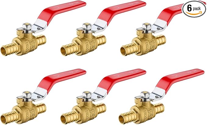 6 Pack Ball Valves, 1/2" Pex Crimp Shut Off Valve Red, Brass Full Port Pex B Shut Off Ball Valve for Hot and Cold Water, NSF/ANSI 61 Certified