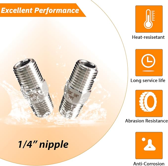 4PCS Hex Stainless Steel Nipple 1/4"NPT Male X 1/4" NPT Male Pipe Fitting 1/4 inch Stainless Steel Pipe Nipples Male Pipe Adapter Fittings Heavy Equal Nipples Connectors