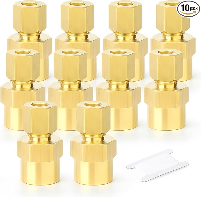GASHER 10PCS Brass Compression Union Tube Pipe Fitting Connector, 3/8" Tube OD x 1/4" NPT Female Connector