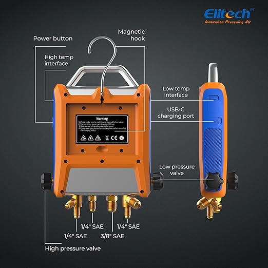 Elitech Digital 4 Valve Manifold Gauge HVAC with Refrigerant Hoses, Vacuum Micron Gauge, Thermometer Clamps, OTA Upgrade, Wireless APP Control