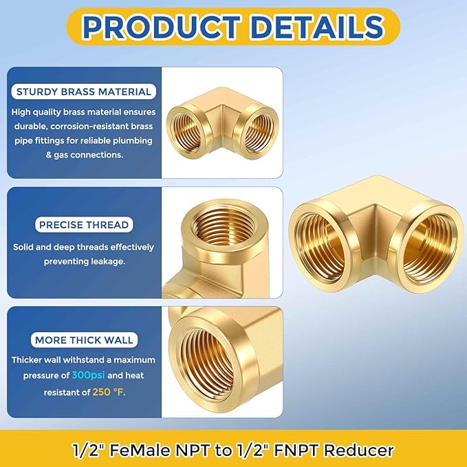 5 Pack Brass Pipe Fittings, 90 Degree 1/2" FeMale NPT to 1/2" FeMale NPT Barstock Street Elbow with Sealing Tape, Forged Pipe Fitting Connector for Air, Oil, LP