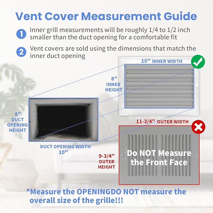 10 x 8 Inch [Duct Opening] Air Vent Covers for Wall or Ceiling - High Airflow 2 Way Steel Ventilation - Adjustable Wall/Ceiling Register, 11-3/4 Inch x 9-3/4 Inch [Overall Dimensions]