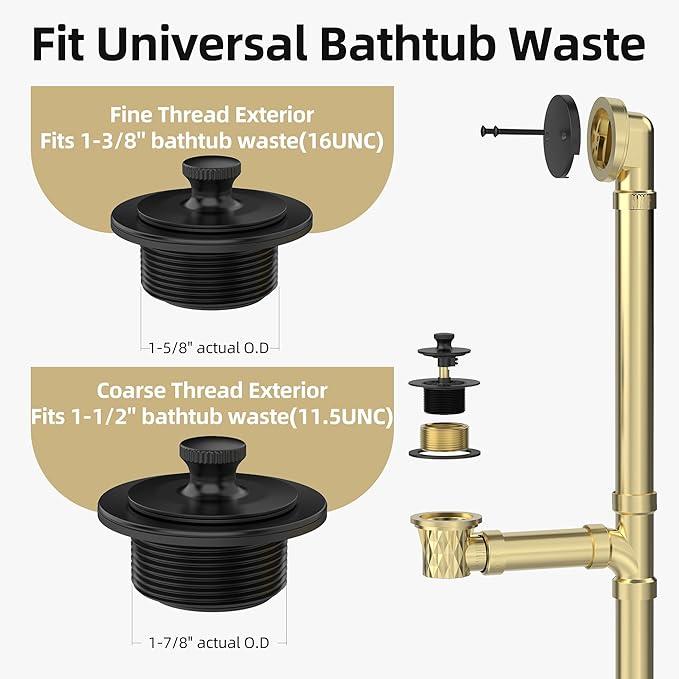Matte Black Bathtub Drain, Hair Catcher and 2-Hole Overflow Faceplate, 11.5/16 UNC, Lift and Turn Bathtub Drain Replacement, Tub Drain Stopper