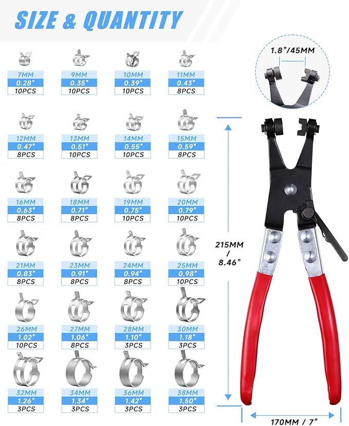 180Pcs 5/16" to 1-1/2"(7-38mm) All Size Spring Band Hose Clamps Assortment Kit with Swivel Flat Hose Clamp Plier, SEKSUALA Constant Tension Steel Clamps for Fuel Lines, Silicone,Vacuum Hoses (Grey?
