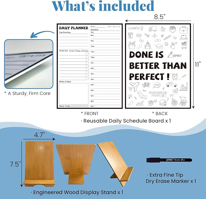 JJPRO Reusable Desktop Daily Planner with Stand,Reusable Time Schedule Board,11"x8.5" Hourly Schedule Dry Erase Board with Time Slots,Desk Hourly Dry Erase Board with Engineered Wood Stand