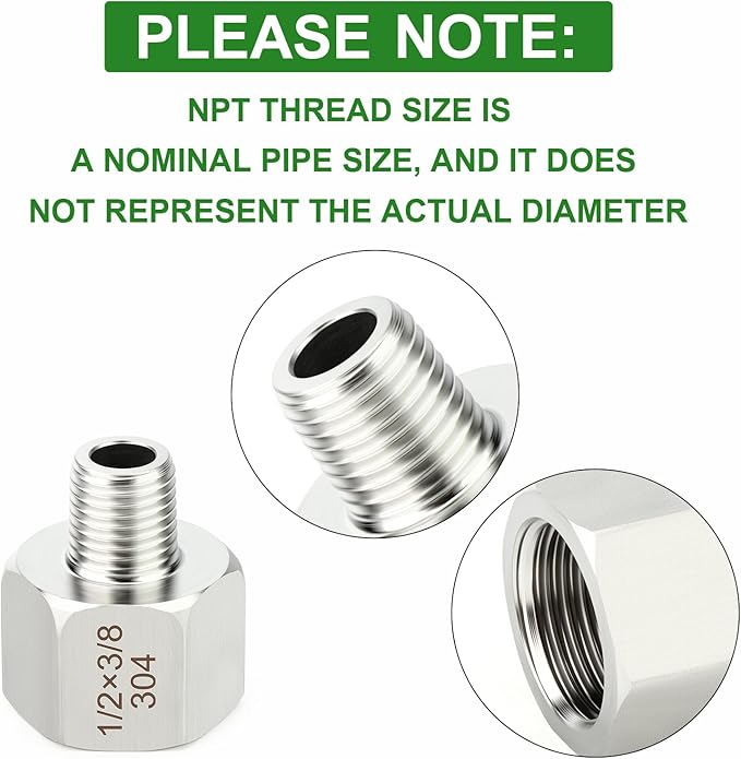 TAISHER 10PCS 304 Stainless Steel Pipe Fitting, New Reducer Adapter, 3/8" NPT Male x 1/2" NPT Female, Reducing Pipe Adapter Fitting