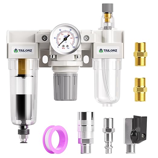 TAILONZ PNEUMATIC 1/4 Inch NPT Automatic Drainage 3 in 1 Oil Air Pressure Regulator Filter AC2000-02D（0-150PSI） with Lubricator Cup for Air Tools System