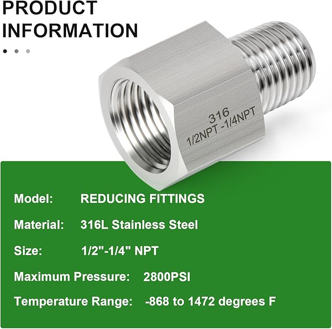 TAISHER 2PCS Forging of 316L Stainless Steel Pipe Fitting, Reducer Adapter, 1/4" NPT Male x 1/2" NPT Female, Reducing Pipe Adapter Fitting