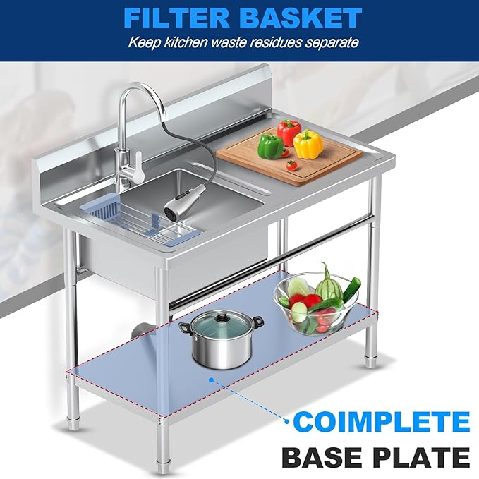 Stainless Steel Utility Sink Freestanding Single Bowl Laundry Sink with 360° Swivel Pull-Out Sprayer Faucet, Hot and Cold Water Plumbing Workbench for Laundry Room Farmhouse