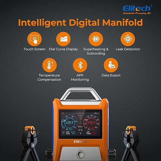 Elitech EMG-20V Intelligent HVAC Digital Manifold Gauge Three Port with Vaccum Sensor Thermometer Clamps Hoses