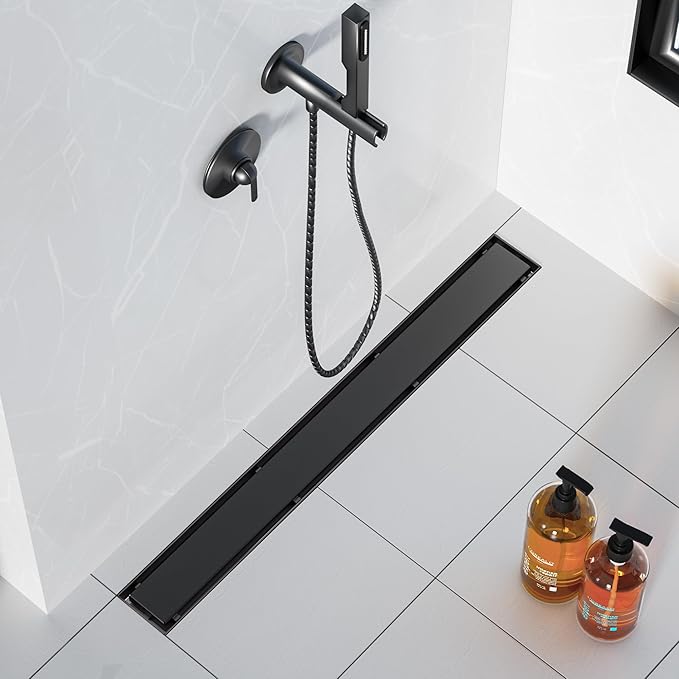 Neodrain 48 in Matte Black Linear Shower Drain with 2-in-1 Flat & Tile Insert Cover, 304 Stainless Steel Rectangle Shower Floor Drain,Floor Shower Drain