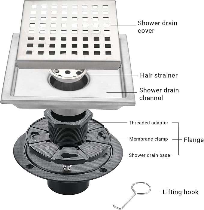 4 Inch Square Shower Floor Drain, Stainless Steel Black Shower Drain Kit with Flange, Floor Drain with Removable Grid Cover,Brushed Nickel (Brushed Nickel, 4 inch)