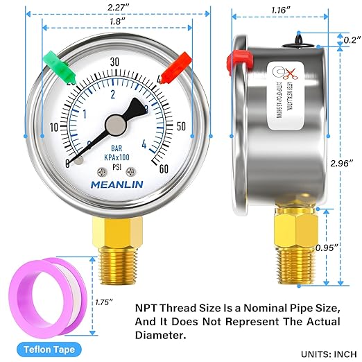 MEANLIN MEASURE 0~60Psi Dry Pressure Gauge Stainless Steel 1/4" NPT 2" FACE DIAL Waterproof for Pool Filter Pump Oil Air Compressor Tire Pressure Tester Lower Mount (with 2PCS Snaps)