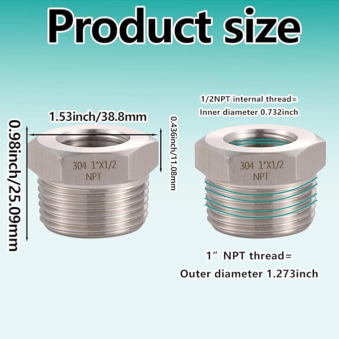 2 Pcs 1" Male NPT to 1/2" Female NPT Reducer Hex Bushing，304 Stainless Steel Pipe Fitting Hex Bushing, Heavy Duty Pipe Fitting Reducer Adapter