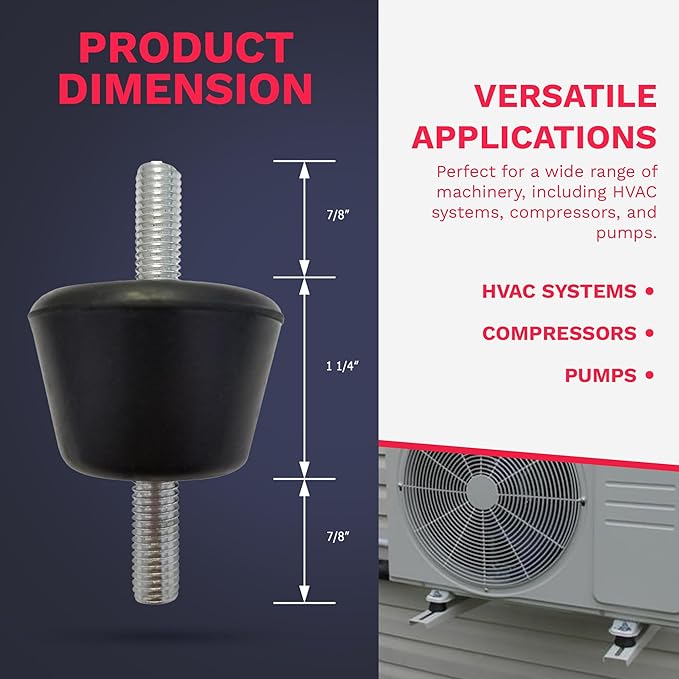 DuctlessAire - Rubber Anti Vibration Mounts w/Studs & Nuts - Vibration Isolators, Damping Stands - Ideal Shaking Isolator for HVAC Systems & Machines(Set of 4 Rubber Mounts, 8 Lock Nuts, 8 Washers)