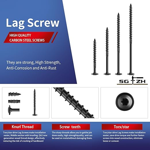 #14 x 4 Inch Lag Screws (70Pcs) 2lb. Structural Wood Screw, Black, Carbon Steel, Washer Head, Rust Resistant epoxy Coated, T30 Star Bit