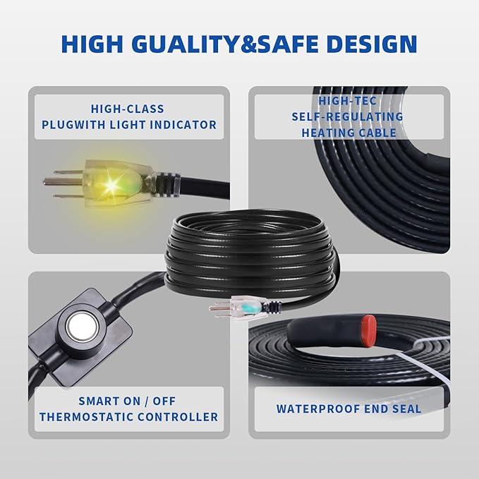 100FT Heat Cable for Water Pipes, Prevent Freezing & Easy Installation, Water Pipe Heat Cable with Thermostat Self-Regulating, Pipe Heating Trace System 120 V