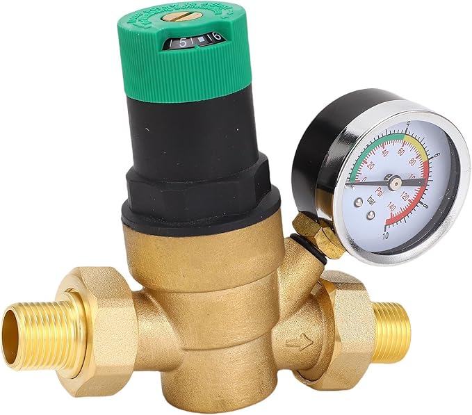 FTVOGUE Water Pressure Regulator Brass Adjustable with Pressure Dial Gauges 1 to 6 Bar Range for RV Home Plumbing System Reduction (3/4 inch (DN20))