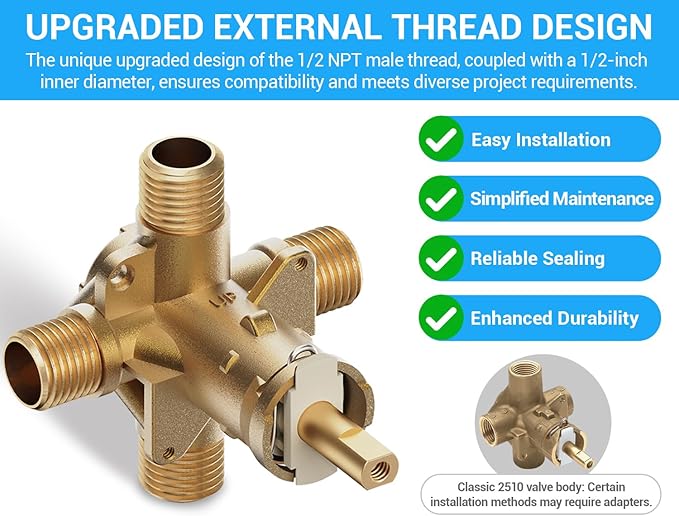 Enhanced 2510-WL Male Thread Compatible with Moen Posi temp Rough-In Mixing Valve with 1222 Pressure Balancing Cartridge,4-Port for Tub Shower Kit Plumbing,1/2 Inch IPS Connection,Heavy Duty Brass