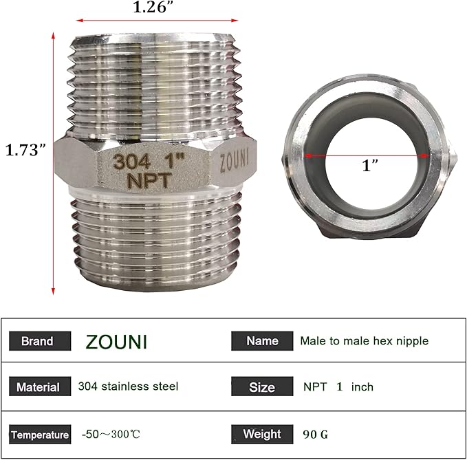 4PCS Hex Nipple 1" x 1" Male Pipe Fittings, 304 Stainless Steel 1 inch NPT Male Threaded Pipe Adapter Fittings Equal Nipples Connectors, MNPT Straight Connector Pipe Fitting